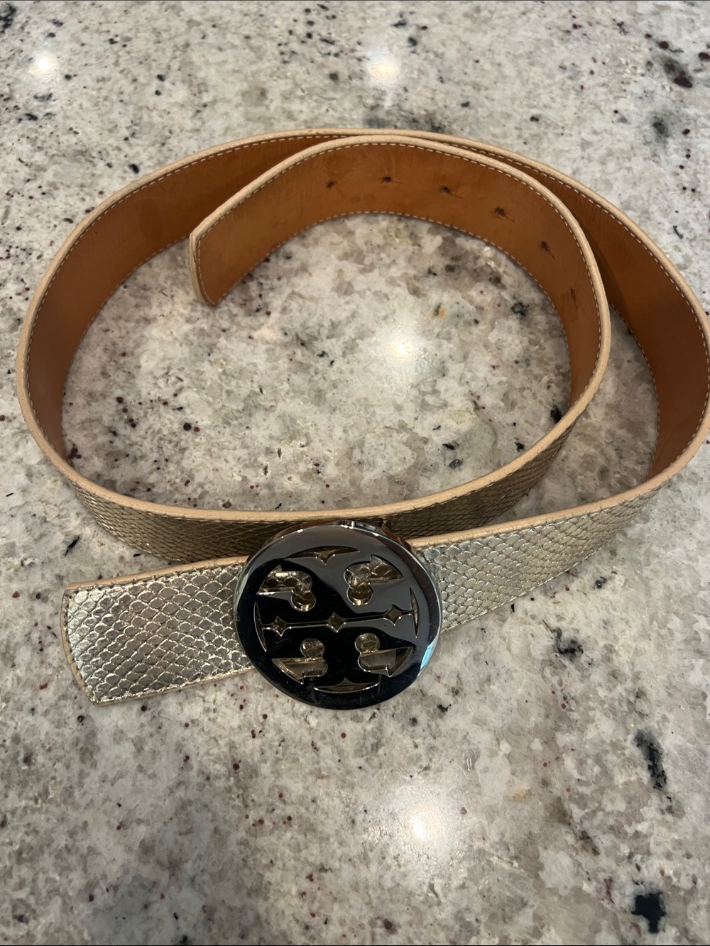 Tory Burch Metallic Gold Textured Leather Belt with Logo Buckle